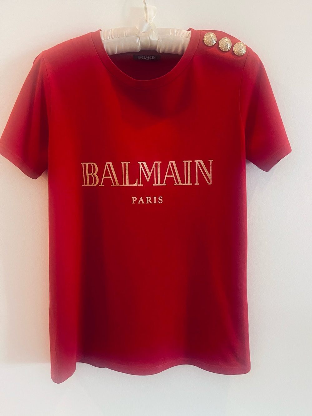 BALMAIN Logo Print Cotton Shoulder Buttons Top Red Short Sleeve Size: 34 FR -XS